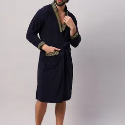 LacyLook Men Navy Blue & Yellow Embroidered Water Absorbent Bathrobe image 5