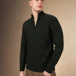 dennis lingo Men Solid High Neck Green Sweater image 1