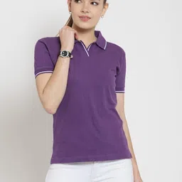 scott international Women Solid Polo Neck Pure Cotton Purple T-Shirt-picture-22
