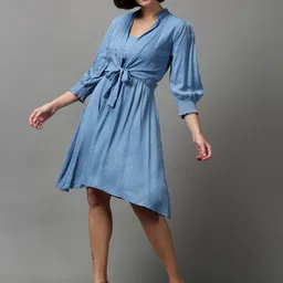 SHOWOFF Women Solid Knee Length Cotton Dress With Shrug-image-1