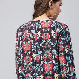 StyleStone Women Black & Blue Printed Open Front Shrug image 4