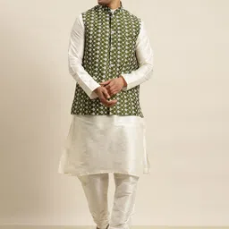 SOJANYA Men Off White & Green Solid Kurta with Churidar & Embroidered Nehru Jacket-picture-29