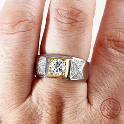 zarkan Hallmarked Two Tone Silver Ring With American Diamond For Men's & Boy's Silver Zircon Rhodium Plated Ring image 3