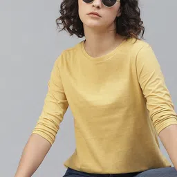 roadster Women Solid Round Neck Pure Cotton Yellow T-Shirt-picture-18