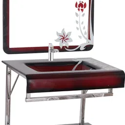 vision glass Wash Basin With Mirror Shelf & Steel Stand. RED FLOWER SMALL SIZE 17"*18" Wall Hung Basin-picture-13