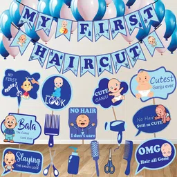 xzotic My First Haircut Decoration Set | Mundan Ceremony | First Haircut Banner | Props | Balloons | Blue Theme | Set of 42 pcs-picture-18