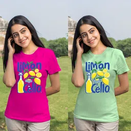 kintu parantu Pack of 2 Women Printed Round Neck Cotton Blend Pink T-Shirt-picture-47