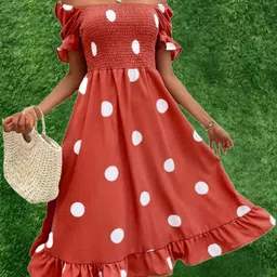 Women Fit and Flare Red Midi/Calf Length Dress-image-2