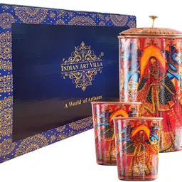 indianartvilla Copper Printed Rajasthani Padharo Myare Desh Drinkware Jug & 2 Glass Gif Set Jug Glass Set-picture-12