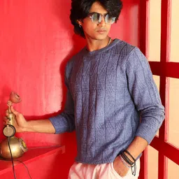 campus sutra Men Self Design Round Neck Blue Sweater-picture-11