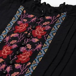 SCOUP Black Embroidered Yoke Design Ruffle A-Line Midi Dress image 2