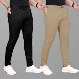 combraided Men Slim Fit Black, Khaki Lycra Blend Trousers-picture-19