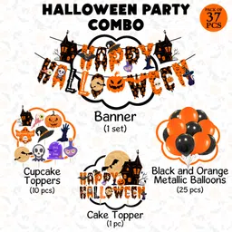 zyozique Black, Orange Halloween Decorations Combo Banner,Balloons,Cake & Cupcake Topper-37 Pcs image 2
