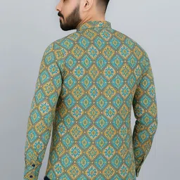 hm fashion Men Geometric Print, Printed Pure Cotton Straight Kurta With Attached Dupatta image 2