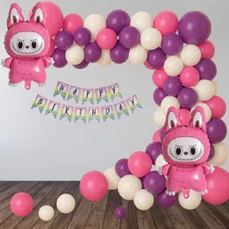 Solid Labubu Foil Balloon with Pastel Color Birthday Banner and Purple, Pink & White Balloon-image-69