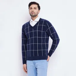 duke Men Checkered V Neck Blue Sweater image 3