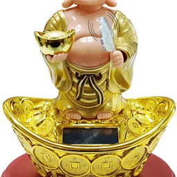 shubhanjali Solar Laughing Buddha Holding Ingot Moving Head And Fan For Good Luck & Wealth Decorative Showpiece - 15 cm-picture-22