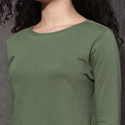roadster Women Solid Round Neck Pure Cotton Green T-Shirt image 4