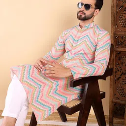 Ethnic Bay Chevron Printed Band Collar Thread Work Straight Kurta image 1