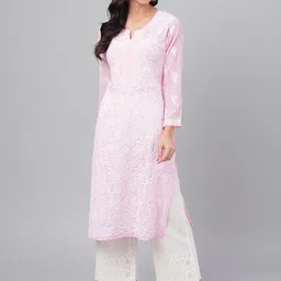 ADA Women Pink & White Chikankari Hand Embroidered Straight Sustainable Handloom Kurta image 1