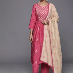 Varanga Women Pink Ethnic Motifs Embroidered Thread Work Kurta with Trousers & With Dupatta image 1