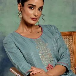 Libas Blue Ethnic Motifs Yoke Design Sequinned Jacquard Silk Straight Kurta image 2