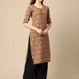 7threads KALINI Women Brown & Beige Ethnic Motifs Printed Straight  Crepe Kurta image 2