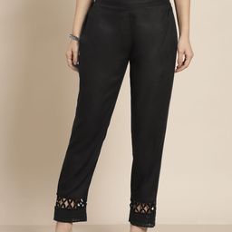 Juniper Women Black Solid Pencil Slim Fit Mid-Rise Cigarette Trousers with Knits Detail-picture-13