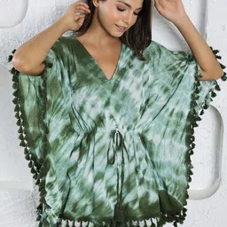SANSKRUTIHOMES Green Tie & Dye Dyed Pure Cotton Kaftan With Lounge Pants image 2