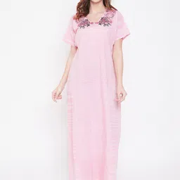 The Kaftan Company Pink Embroidered Pure Cotton Maxi Nightdress-picture-13