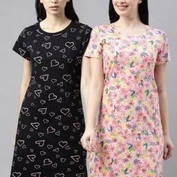 Kryptic Pack of 2 Black& Pink Printed Cotton Nightdress image 1