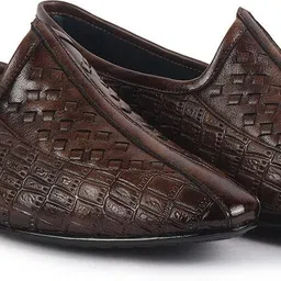 fausto Textured Ethnic Round Toe Juttis for Wedding|Festive Slip-On Pathani Kurta Mojaris For Men image 1