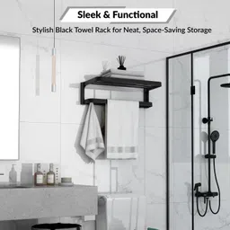 plantex Folding Towel Rack with Towel Rod & Hooks for Bathroom/24 Inch Towel Hanger Black Towel Holder image 3