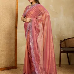 saretra mall Solid/Plain, Floral Print Bollywood Organza, Tissue Saree image 3