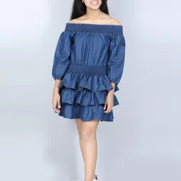 StyleStone Blue Off-Shoulder Denim Dress-picture-16
