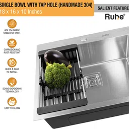 ruhe 304 Stainless Steel Handmade Single Bowl 18x16x10 Kitchen Sink With Tap Hole Brushed Matte Finish | Included Strainer-Basket/Sink Coupling/Waste Pipe Vessel Sink image 3