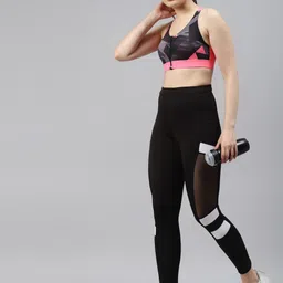 Blinkin Women Black Striped High Waist Training Tights With Mesh Panel & Side Pockets image 4