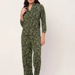 Moomaya Floral Printed Lapel Collar Satin Night suit-image-77