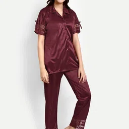 AVYAY Self Design Lapel Collar Satin Night Suit image 5