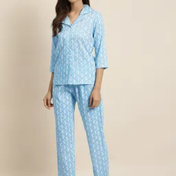 YASH GALLERY Women Blue & White Printed Night suit image 2