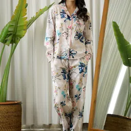 SANSKRUTIHOMES Women Beige & Blue Printed Pure Cotton Night suit-picture-38