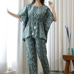 SANSKRUTIHOMES Women Olive Green & White Printed Pure Cotton Night suit-picture-20
