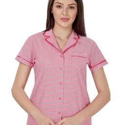 evolove Women Pink & White Striped Pure Cotton Night suit image 2