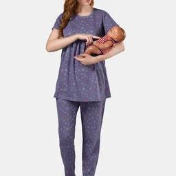 Fabme Conversational Printed Pure Cotton Maternity And Feeding Night suit image 4