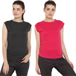 ap'pulse Pack of 2 Women Solid Round Neck Pure Cotton Pink, Grey T-Shirt-picture-15