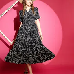 honky tonky Women Fit and Flare Black, White Midi/Calf Length Dress-picture-27