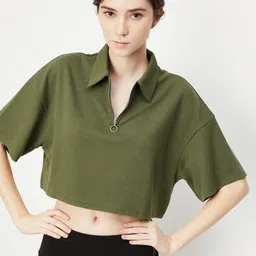 max Women Printed Polo Neck Cotton Blend Green T-Shirt-picture-15