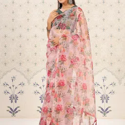 Ode by House of Pataudi Pink & Red Floral Print Organza Saree image 3