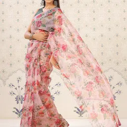 Ode by House of Pataudi Pink & Red Floral Print Organza Saree image 1