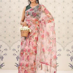 Ode by House of Pataudi Pink & Red Floral Print Organza Saree image 5